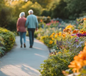 Two elderly people are walking down a path in a garden, surrounded by flowers. AI generated content