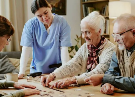 A woman in a blue shirt is helping an elderly woman with a game. AI generated content
