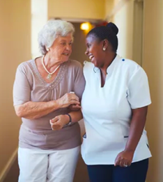 Two women are standing in a hallway, smiling and holding hands. AI generated content